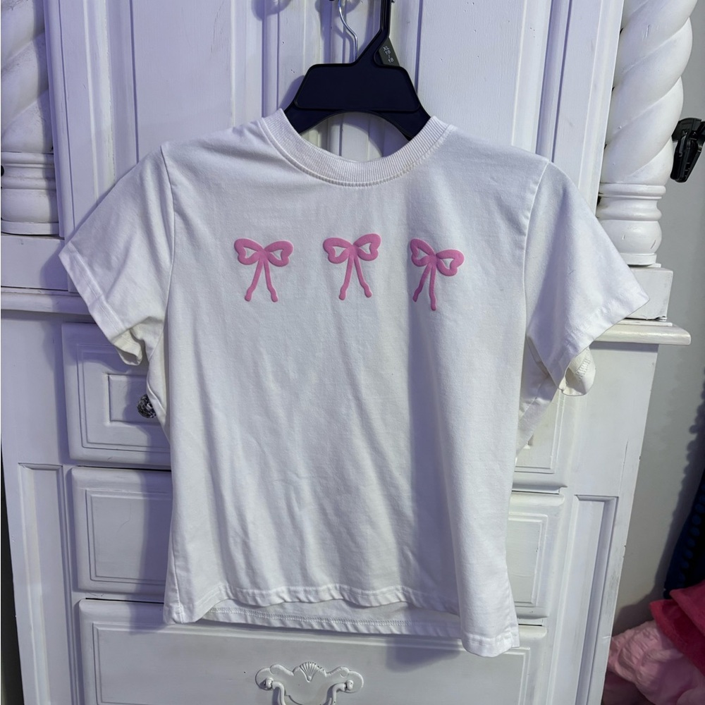 White Womens Shirt with Pink Bow Design